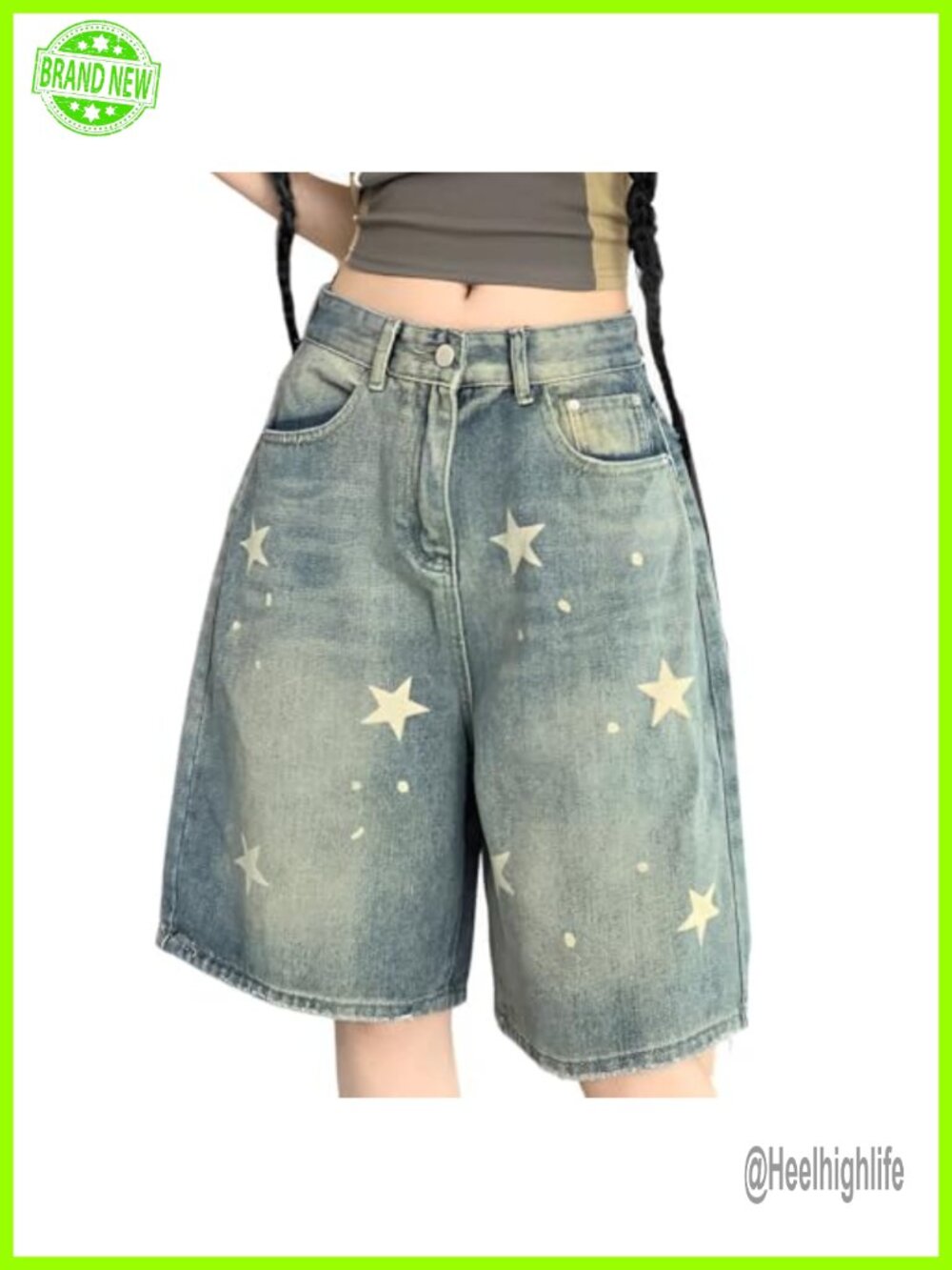 Y2K Gothic High Rise Wide Leg Star Graphic Jean Bermuda Shorts